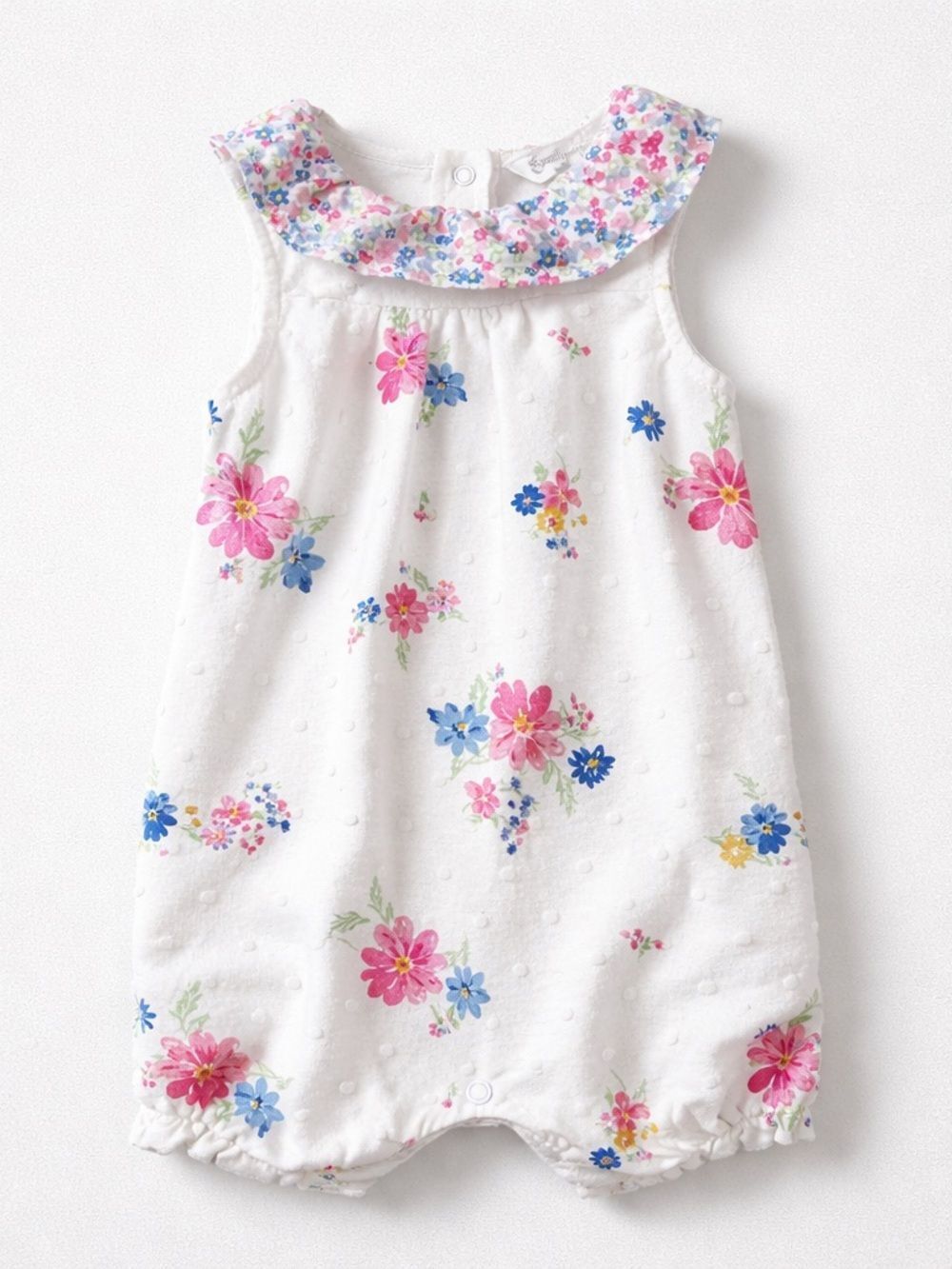 Emily and Oliver white and multicolored floral clip dot cotton romper size 3-6 m